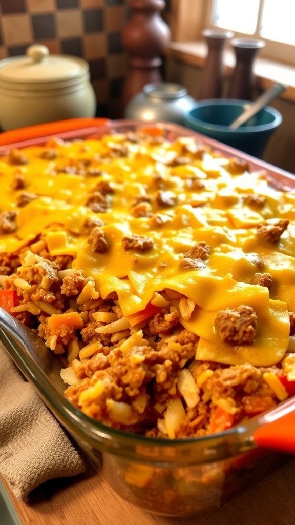 A delicious casserole with ground beef, rice, and cheese, served in a rustic kitchen.